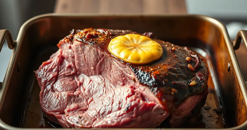 Peça de picanha assada em assadeira com crosta dourada