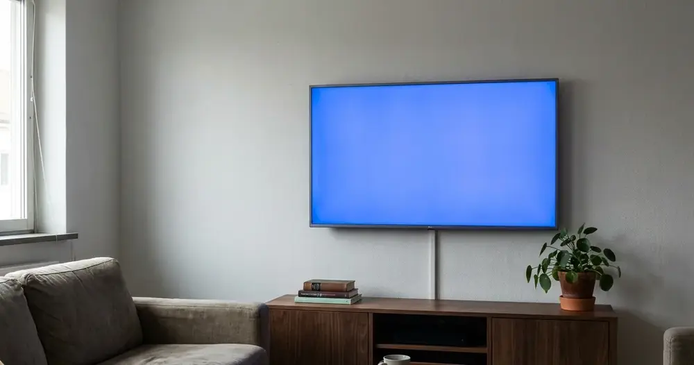 televisão moderna em parede de sala exibindo tela azul lisa
