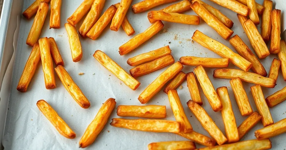 Batatas em palitos douradas espalhadas em assadeira