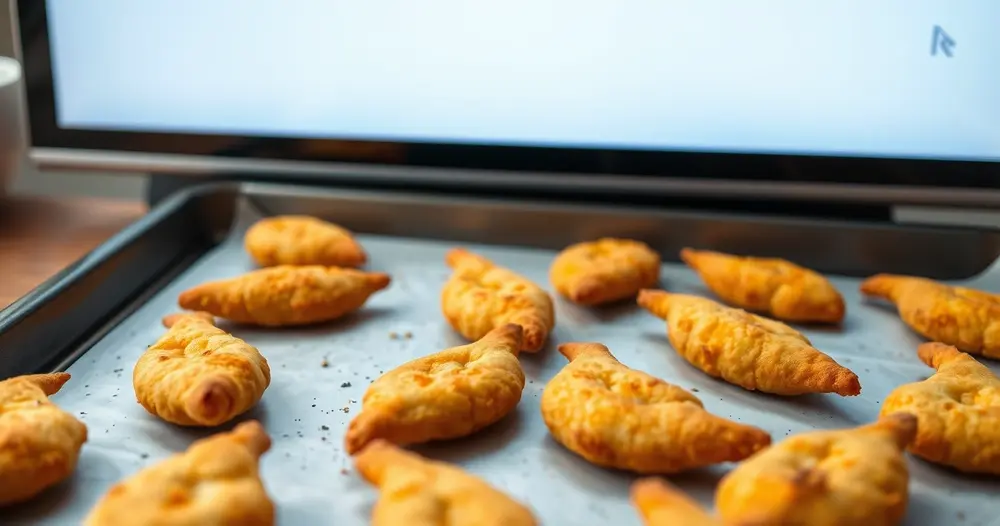 Coxinhas de frango douradas em assadeira sobre bancada