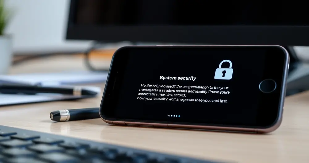 celular sobre a mesa exibindo alerta de segurança do sistema
