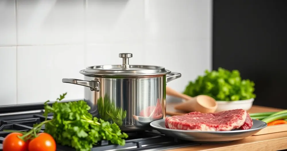 Panela de pressão sobre fogão com carne e legumes ao lado