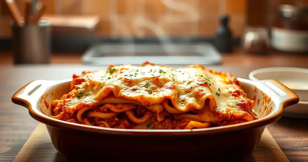 Travessa de lasanha gratinada saindo do forno