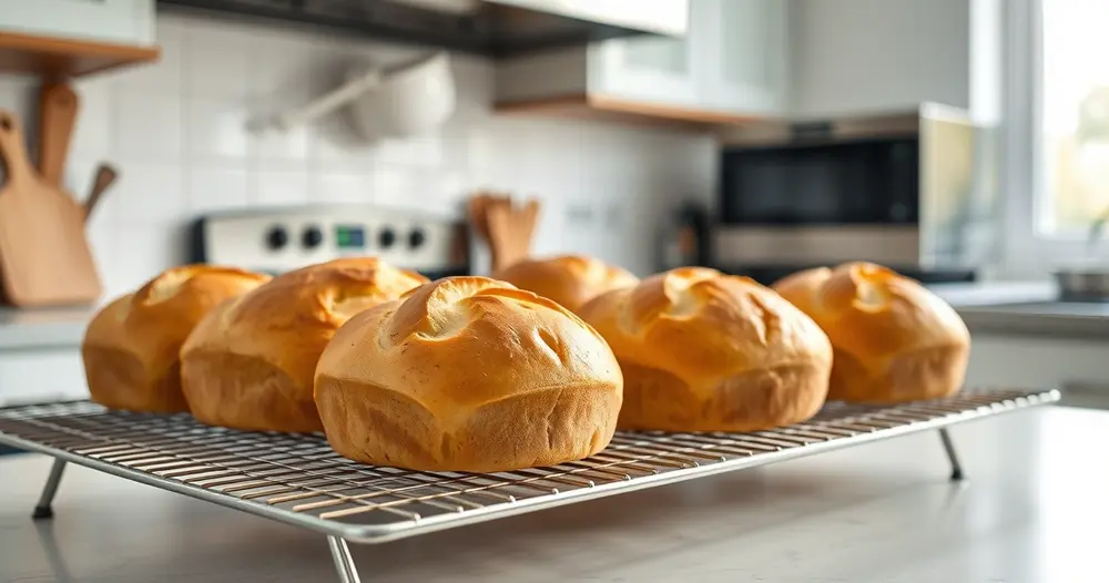 Pães caseiros dourados sobre grade de resfriamento
